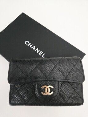 Authentic CHANEL Matelasse Quilted Classic Flap Key Card Holder Wallet Set